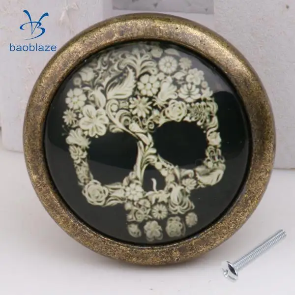 2 Pieces Skull Prints Antique Brass Cabinet Drawer Round Pulls Wardrobe Cabinet Door Cupboard Knob