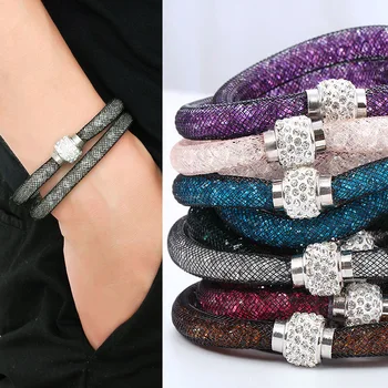 

Fashion Jewelry Handmade Bracelets Women Charm Rhinestone Double Mesh Full Crystal Magnetic Slimming Clasp Wrap Bangle Jewelry