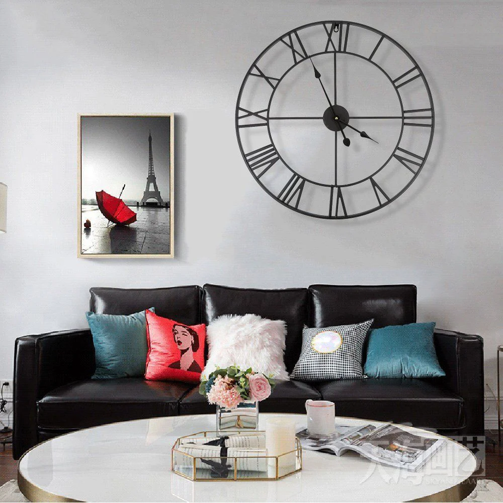 

40/47CM Nordic Metal Roman Numeral Wall Clocks Retro Iron Round Face Black Gold Large Outdoor Garden Clock Home Decoration