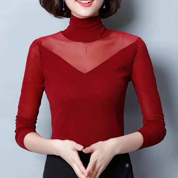 Spring Autumn Sexy Gauze T shirts Women Turtleneck Hollow Out Tee Tops