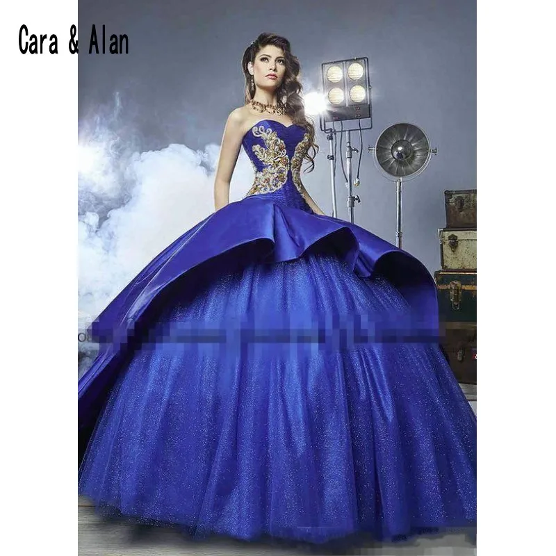 Royal Blue vestidos de 15 anos Quinceanera Dresses Gold Embroidery Masquerade Ball Gown Sweety 16 Dress Girls Party Prom Gowns