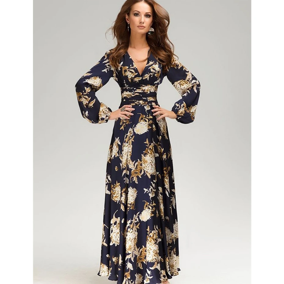 2018 maxi dress women long Sleeve  v long dress floral print plus size dark blue  party casual spring long dress hot sale spring