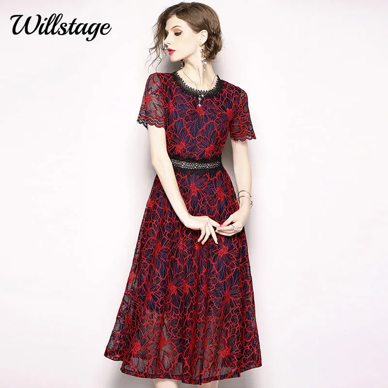 

Willstage Red Lace Dress Women Mesh Floral Printed Short sleeve Mid dresses Elegant Vintage Waist Slim Hollow out Summer Vestido