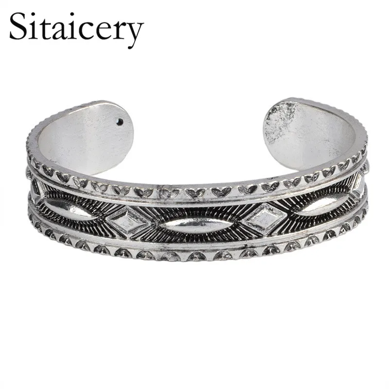 

Sitaicery Vintage Punk Tibet Silver Color Open Rhombus Bracelets & Bangles For Women Femme Simple Style Cuff Party Jewelry Gifts