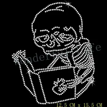

Free shipping skull reading book design hotfix rhinestones transfer design motif bling for clothing