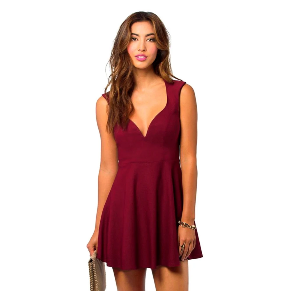 FD6542 Lady Sexy Little Flare Dress Vestidos Robe Deep V neck Sleeveless Vest Back Hollow out 
