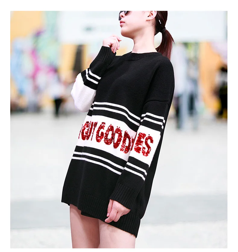 

See Orange Fashion Show Striped Women Sweater Sequined Letters Wool Sweater 2018 Autumn Winter Casual Sweater Dress Black SO4120