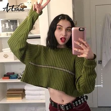 Artsnie primavera 2019 listrado casual malha colheita camisola feminina o pescoço manga longa pulôver inverno jumper pull femme meninas camisola