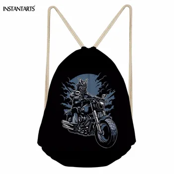 

INSTANTARTS Casual Man Softback Drawstring Bags Punk Skull Night Rider Print Black Backpacks Multi-function Boys Beach Sack Bags