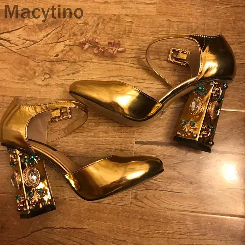 Macytino/Новинка года; роскошные золотистые туфли-лодочки; женские свадебные туфли на высоком каблуке 10 см; Туфли на каблуке с ремешком на щиколотке, украшенные стразами