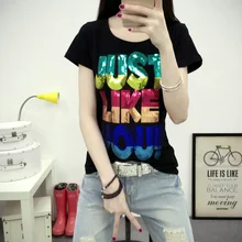 Повседневные цветные буквы с блестками Футболки женские топы летние тонкие футболки с коротким рукавом женские футболки большие размеры, S-3XL футболки