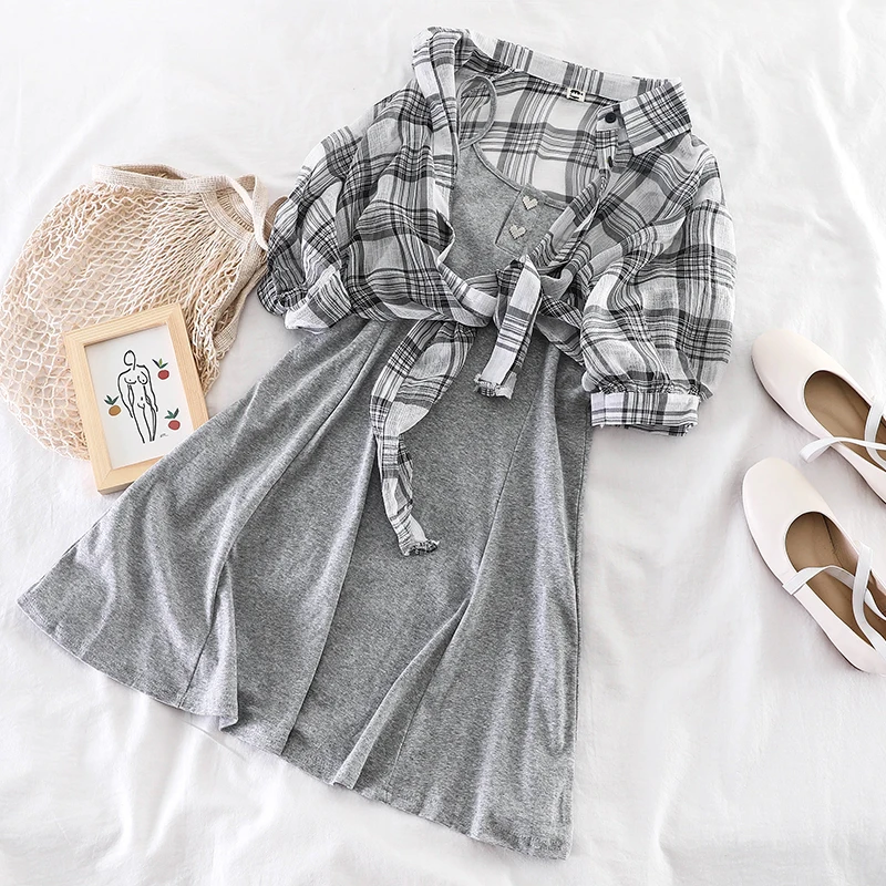

2019 new fashion women's two piece dress Simple strap Slim Fit Dress Plaid Band Sunscreen Two Piece Tide J413