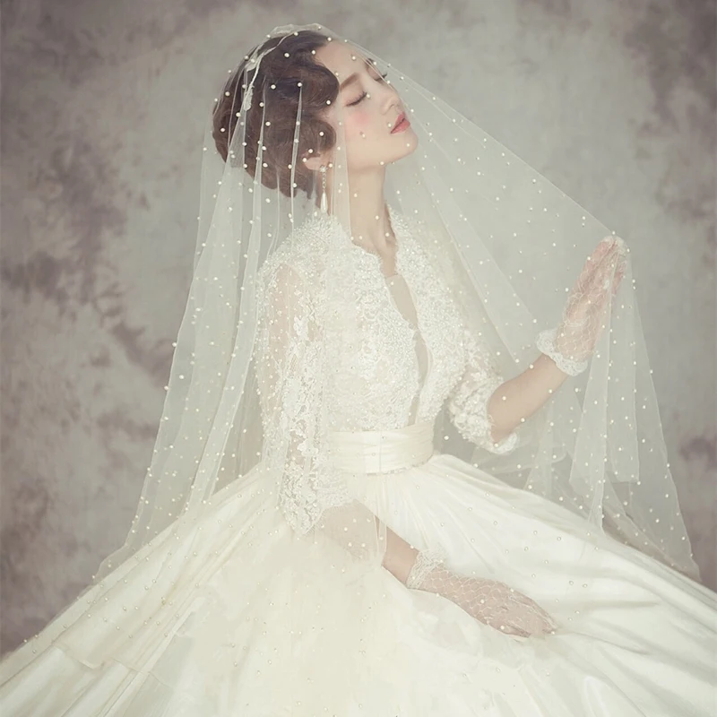 

Fashion Simulated Pearl Veil One Layer Soft Tulle Ivory Bridal Wedding Cathedral Long Veils Handmade