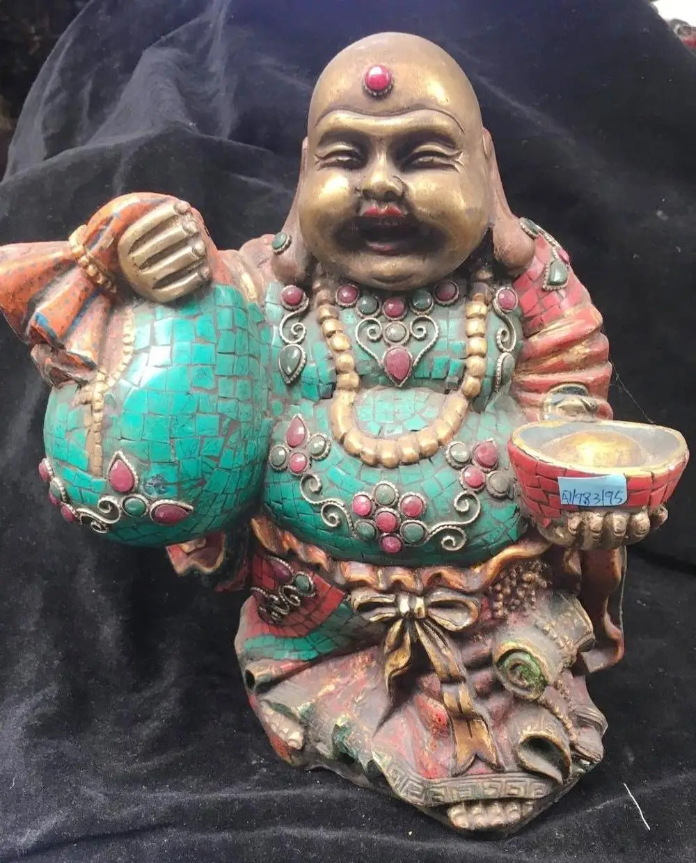 

Tibet Nepal handicraft Bronze gold inlcy Turquoise coral wealth buddha statue