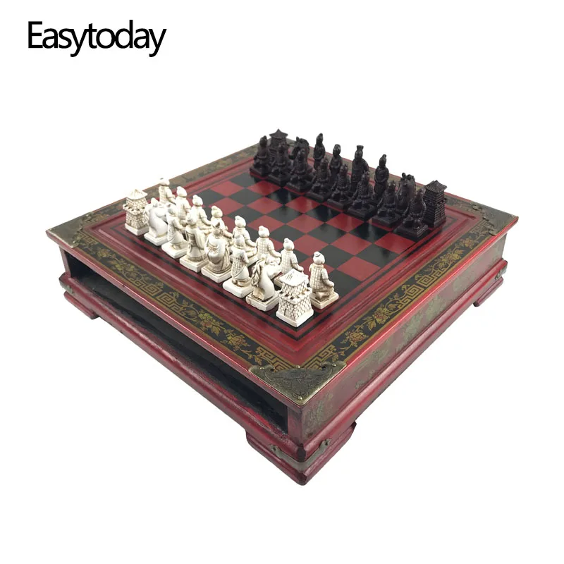 Easytoday Wooden Chess Game Set Resin Character Modeling Chess Pieces Chinese Retro Terracotta Warriors Wooden Chessboard Gift container tissue box american creative retro paper box handmade wrought iron container modeling paper box decorative ornaments