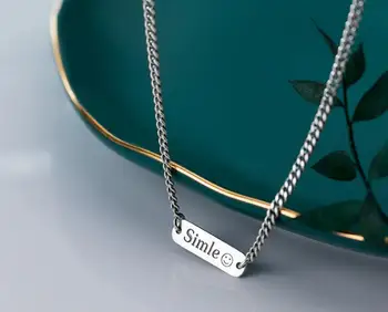 

100% real Sterling Silver 925 Fine Jewelry SMILE rectangle Tag & CUBAN CHAIN Pendant Necklace GTLX1929