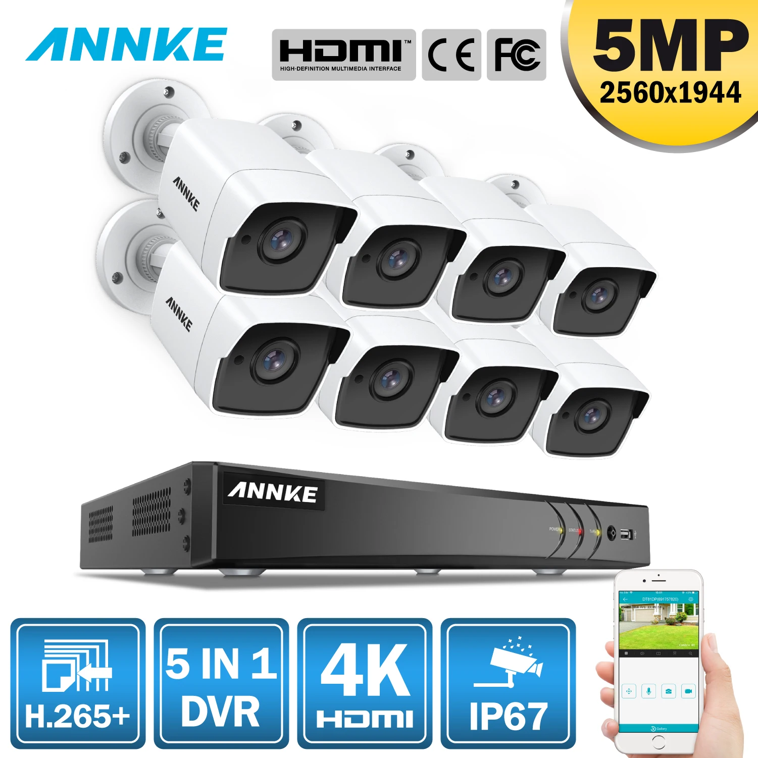 

ANNKE 8CH 5MP 5IN1 Ultra HD Video Security Camera System H.265+ With 8PCS 5MP TVI Bullet Weatherproof Outdoor Surveillance Kit