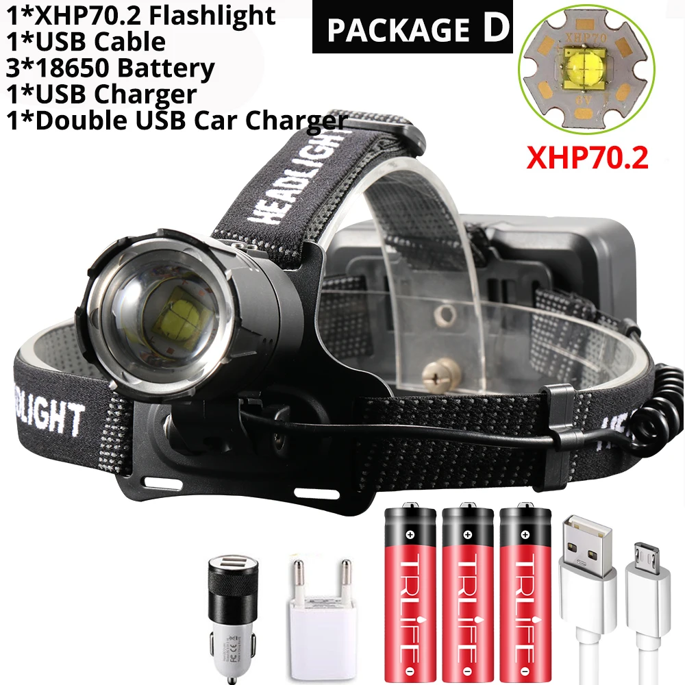 Package D Супер яркий XHP70.2 USB Перезаряжаемый светодиодный налобный фонарь XHP70 самый мощный налобный фонарь для рыбалки, кемпинга, фонарь с зумом на 3*18650 батареях - Испускаемый цвет: Package D