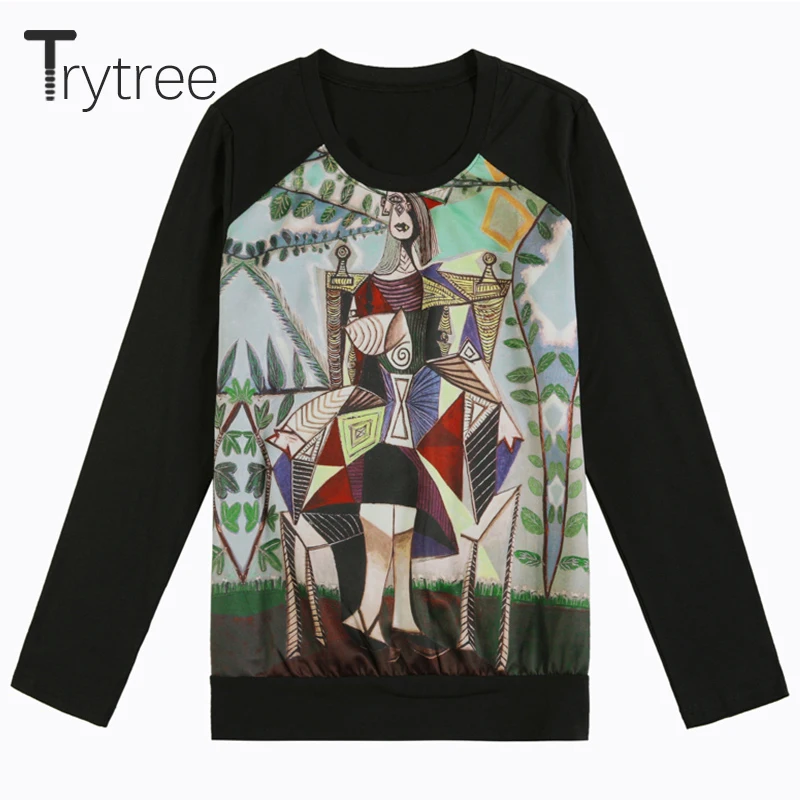 Trytree летний осенний Топ Женская футболка Повседневная хлопковая и полиэфирная рубашка топы с круглым вырезом одежда с принтом персонажа Черный Топ Футболка