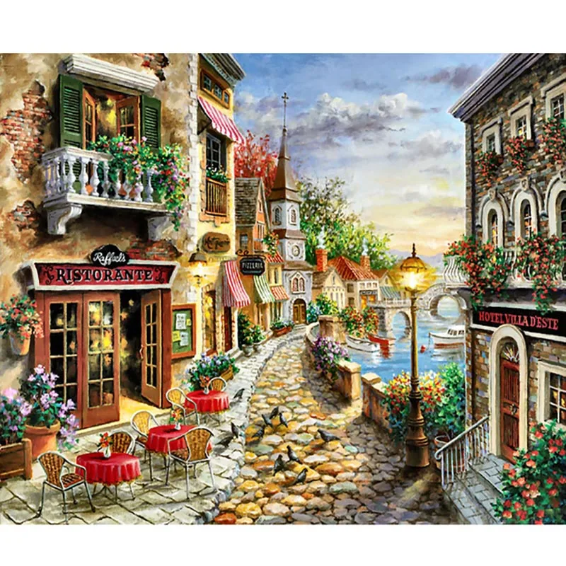 

DIY Full Square Drill Cross Stitch Canvas Wall Art City Street Scenery By Number Kit 5D Diamond Painting Decor Home Living Room