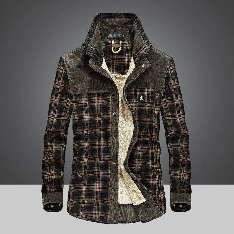 AFS JEEP 2018 New Snow Winter Men Military Fleece Shirt 100% Cotton Warm Male Plaid Long Sleeve Army Men's Dress Shirts Blouses