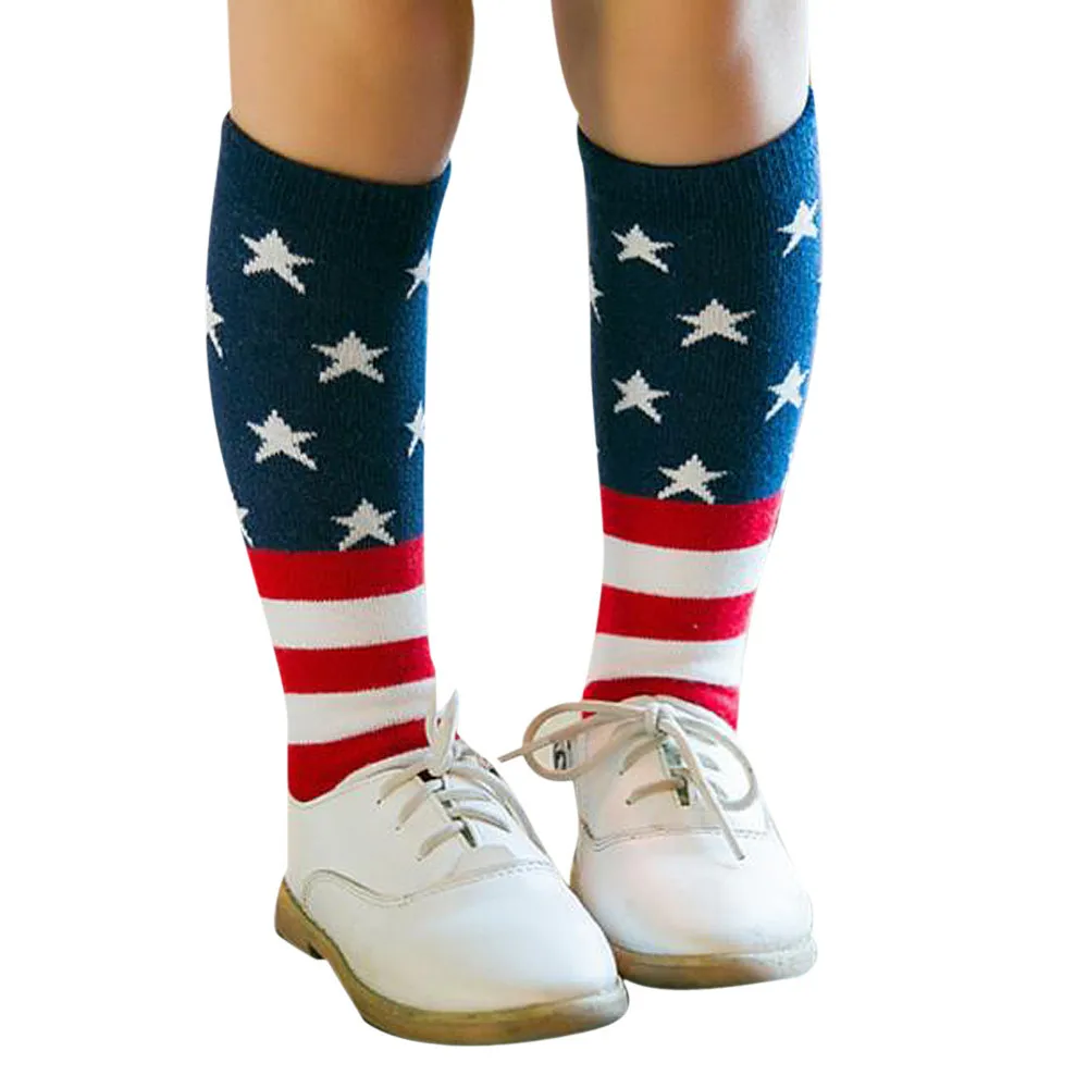 

4-6Yrs Kids Socks Girls Knee High Hosiery Sock American Flag Style Cotton Autumn/Spring Floor Sock Children Indoor BTTF