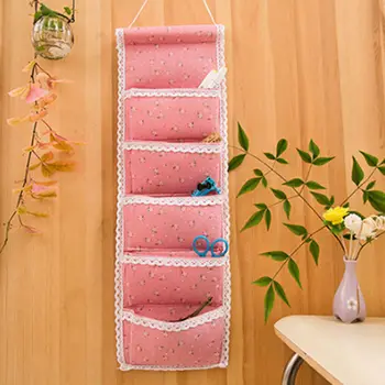 

New Useful Cotton Linen Hanging Storage Bag 5 Pockets Wall Mounted Wardrobe Hang Bag Wall Pouch Cosmetic Toys Organizer