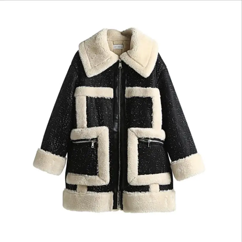 Chaud D'agneau Nouvelle Tops À Manches Gx1562 En De Marque Mode Hiver Vestes Longues Feamle Black Zipper Manteaux Survêtement Laine Patchwork 2018 Poches Grandes X58wff