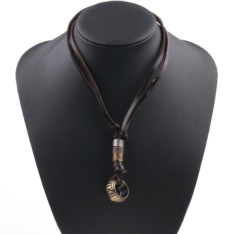 Vintage Punk Brown Leather Cord Men Necklace Circle Charm Pendant