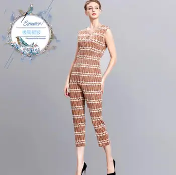 

Fashion V-neck sleeveless jumpsuits fold printing cultivate morality show thin elastic nine points jumpsuits IN STOCK
