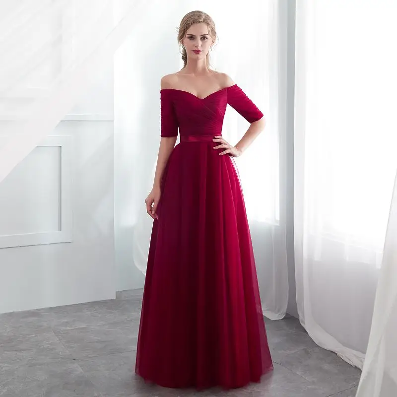 Beauty-Emily, длинные фиолетовые, красные, серые вечерние платья,, трапециевидные, с открытыми плечами, с коротким рукавом, Vestido da dama de honra