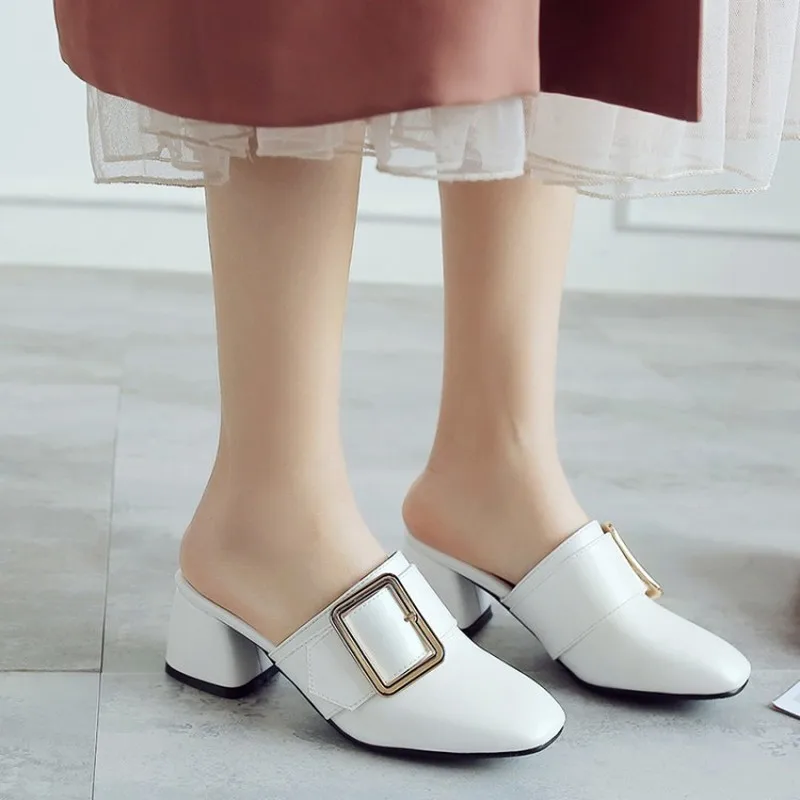 

Womens Summer Slippers Mules Pumps Sandals Block Heel Square Toe Shoes Dress Shoes White Beige Brown Plus Size 46 US Size 12