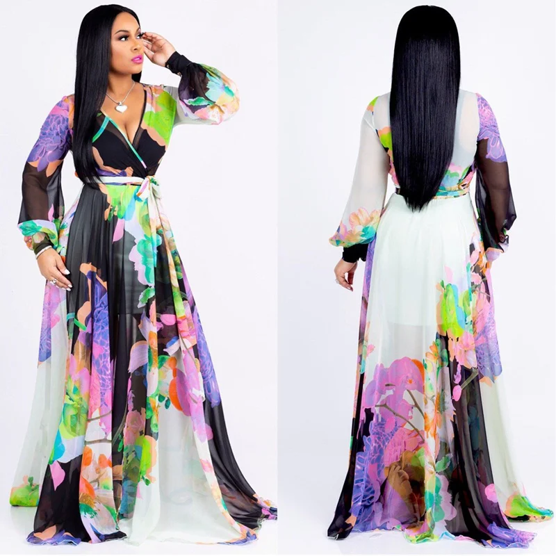 

Summer Vintage Floral Print Boho Dress Women Long Sleeve V-Neck Belted Loose Maxi Dresses Casual Beach Long Dress Vestido Sexy