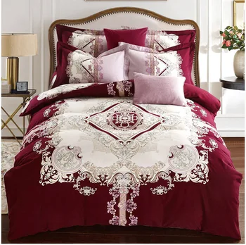 

100% Cotton Luxury red white Sanding Printed Flower Bedding Set Royal Bed Sheet Duvet Cover Pillowcase Queen King 4pcs