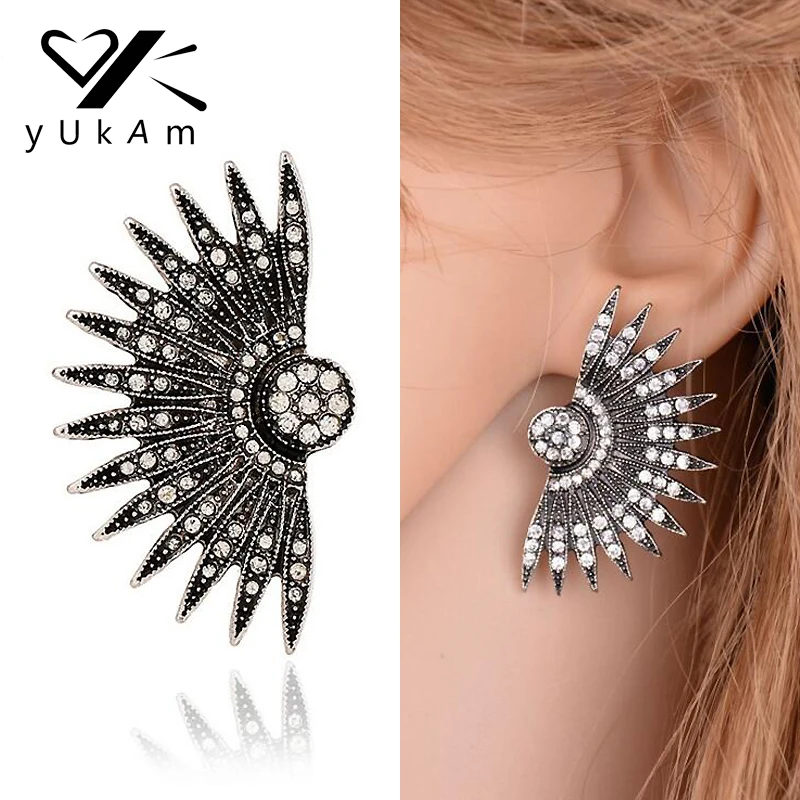 YUKAM винтажные серебряные этнические серьги в виде веера белые хрустальные стразы секционные шипы заклепки серьги-гвоздики для панков для женщин