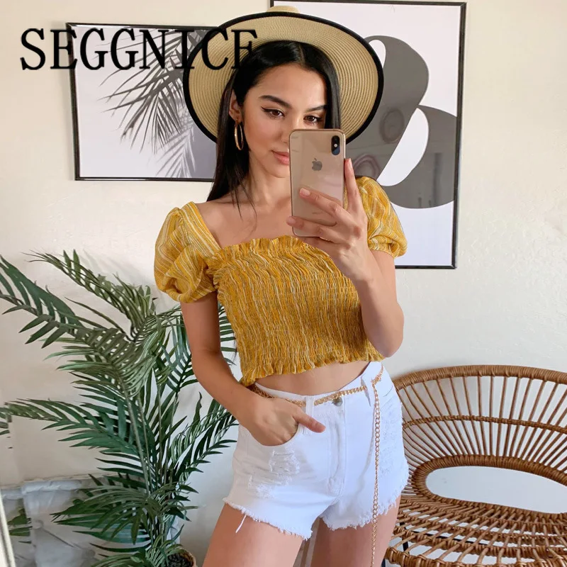 

Women Sexy Square Neck Lantern Sleeve Smocked Top Femme Yellow Slim Crop Tops Summer 2019 Fashion Korean Clothes Style