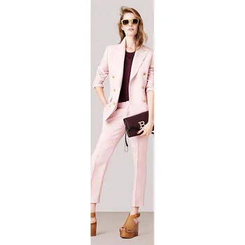 

Jacket+Pants Pink Womens Business Suits Female Office Uniform 2 Piece Ladies Winter Formal Trouser Suits Double Breasted Cusotm