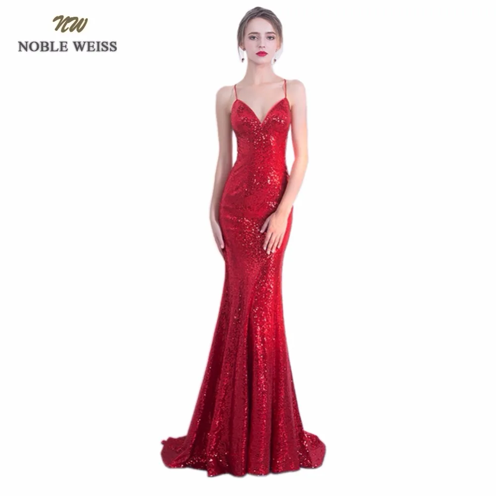 

NOBLE WEISS Sexy Prom Dresses 2019 Sequin Custom Made Sweetheart Mermaid Bare Back Dark Red Prom Party Dress With Sweep Train