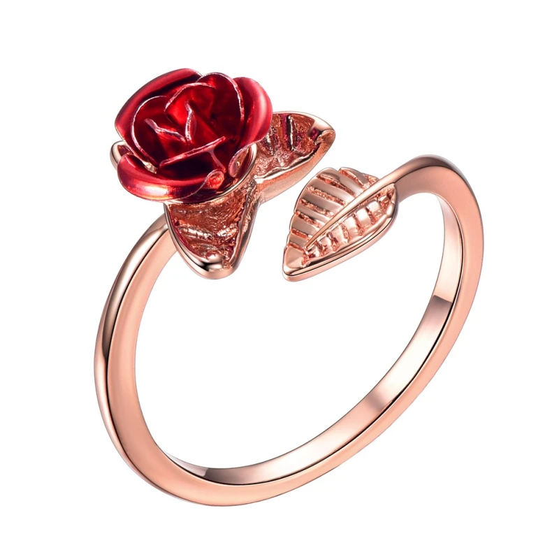 Party Favors Red Rose Garden Flower Leaves Resizable Finger Rings Women Valentine's Day Lover Wedding Decor Gift Jewelry Party