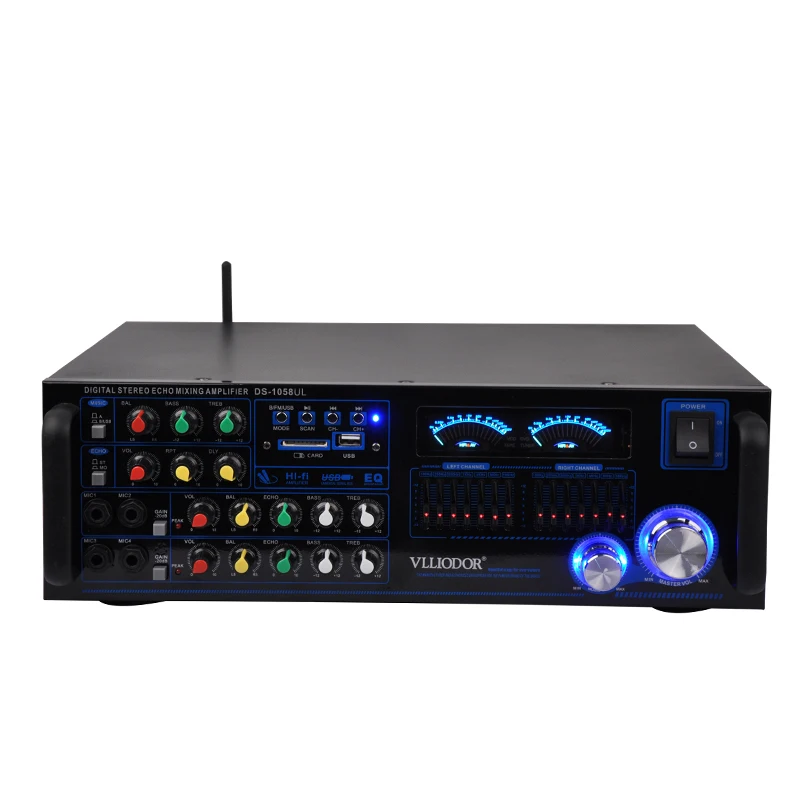 DS-1058 Bluetooth amplifier KTV Karaoke home audio support USB SD 4 microphone input with dual 7 band equalizer 150W+150W