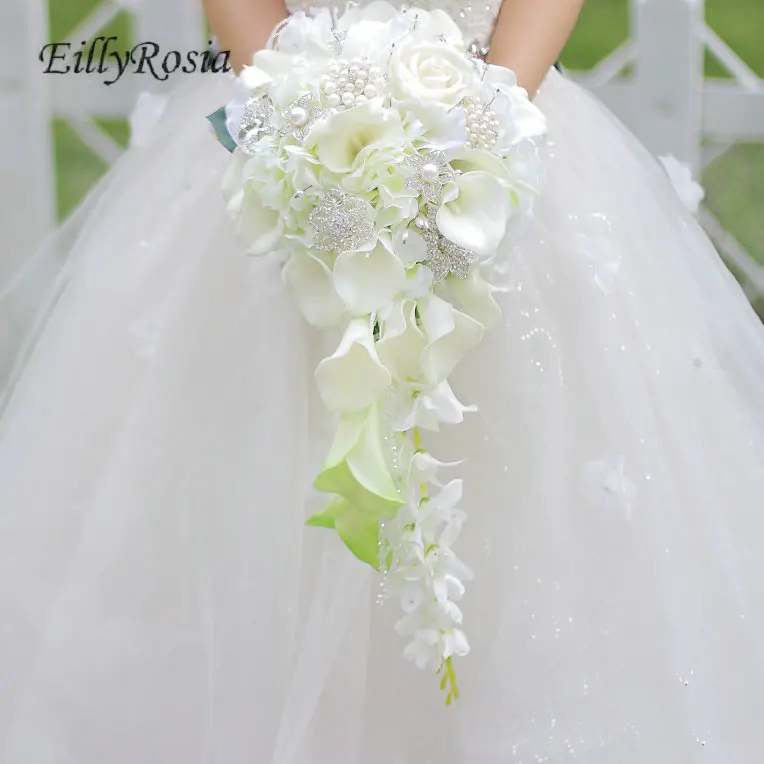 Waterfall Wedding Bouquet Bride Jewelry Crystal Calla Lily Bridal Bouquets Artificial Flowers Red Royal Blue White bruidsboeket