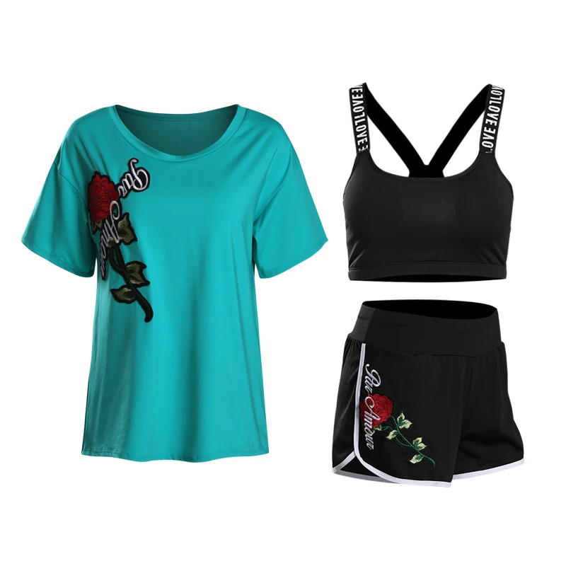 

Hot Summer Fitness Women Yoga Set 3 in 1 Set Girl Yoga Bra & Hot Shorts & Floral T-Shirts Gym Clothes Sport Wear Outdoor Jogging
