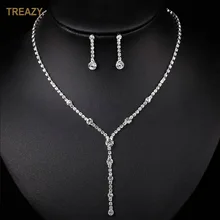 Простой серебристый цвет горный хрусталь Кристалл Длинные Капли ожерелье серьги наборы для женщин невесты свадебные ювелирные наборы