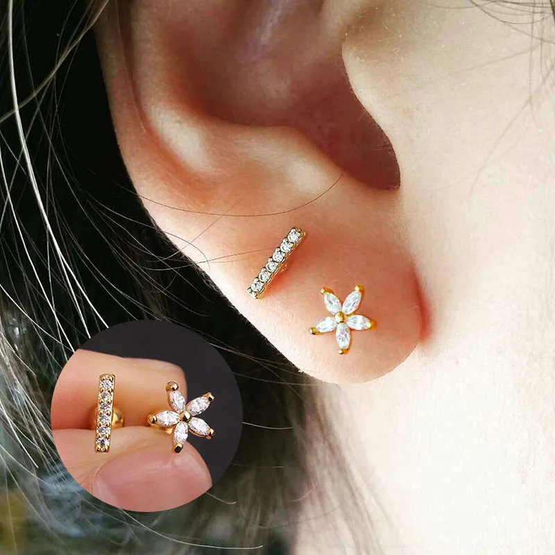 

Sellsets Silver And Gold Flower And Bar Cartilage Earring Helix Piercing Jewelry Cz Cartilage Stud Conch Rook Tragus Earring