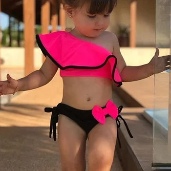 

Ruffled Children Swimwear Slanted Shoulder Candy Color Bow Cute Split Swimsuit Ruffle One-shoulder Surf Swimming Costume Toddler