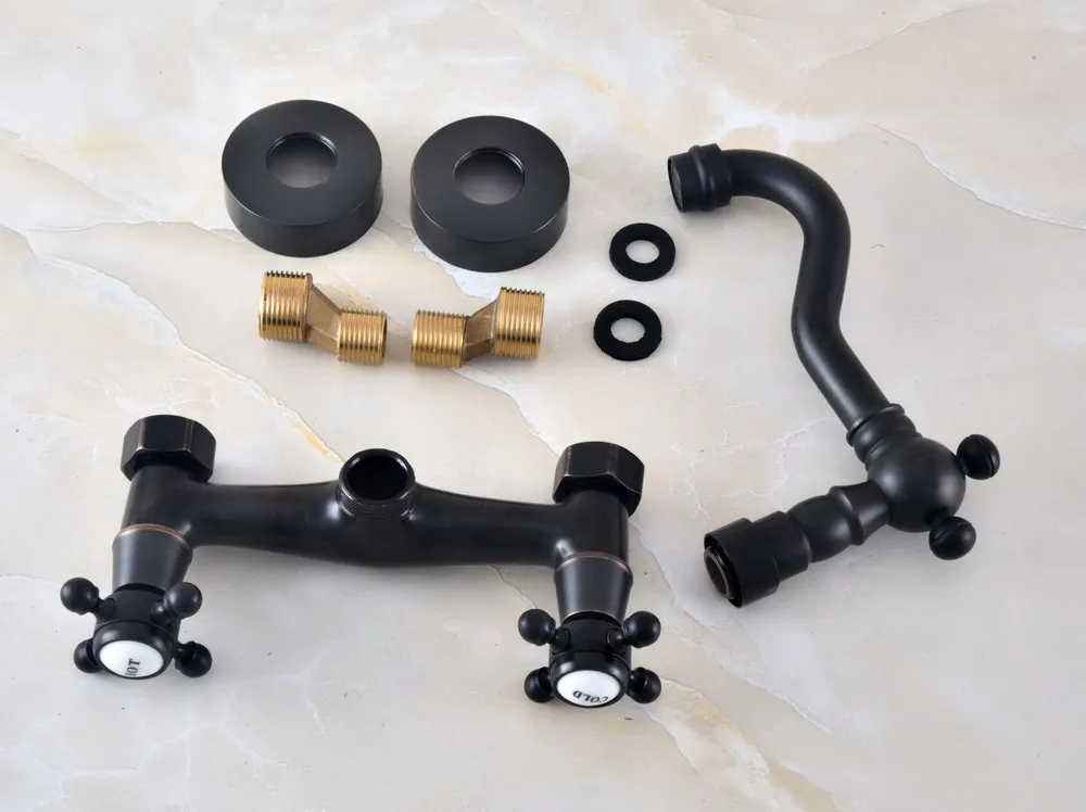 Black Oil Rubbed Bronze Brass Two Cross Handles Wall Mount Swivel Spout Kitchen & Bathroom Basin Sink Faucet Mixer Tap anf451
