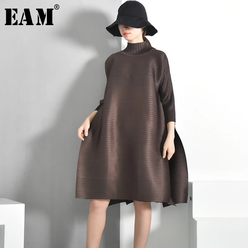 

[EAM] 2019 Spring Summer New Fashion Turtleneck Solid Color Loose Fold Stitch Knee-length Vintage Dress Women Fashion EB0