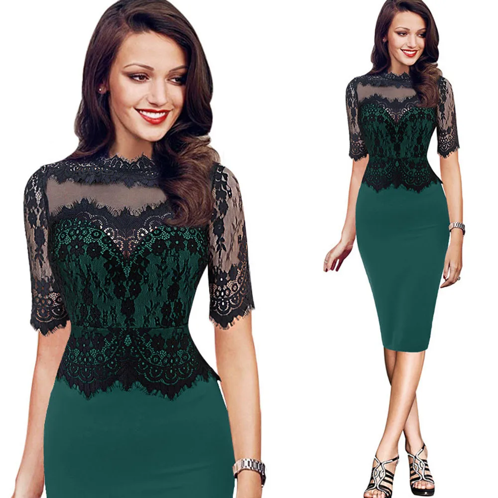 

JAYCOSIN 2019 Women Formal Stretch Pencil Work Dresses Summer Short Sleeve Bodycon Party Dress Casual Lace Office Midi Dress J26
