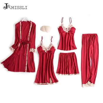 

JRMISSLI 5 Piece Home Suit lace Sexy lingerie women sleepwear pajamas Silk pyjamas women pyjama satin pijama mujer