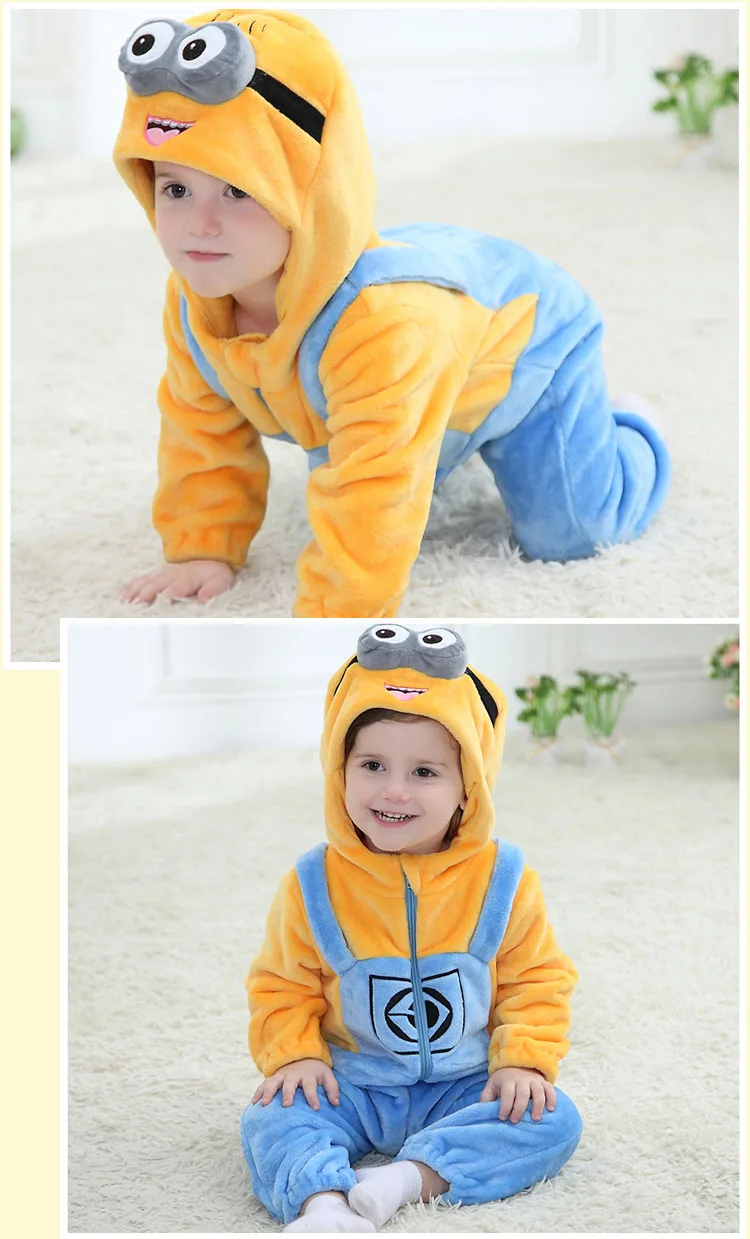Baby Cartoon Rompers Newborn Hooded Toddler Clothing Boys Girls Minions Animal Jumpsuit Playsuit Costume Flannel Baby Rompers